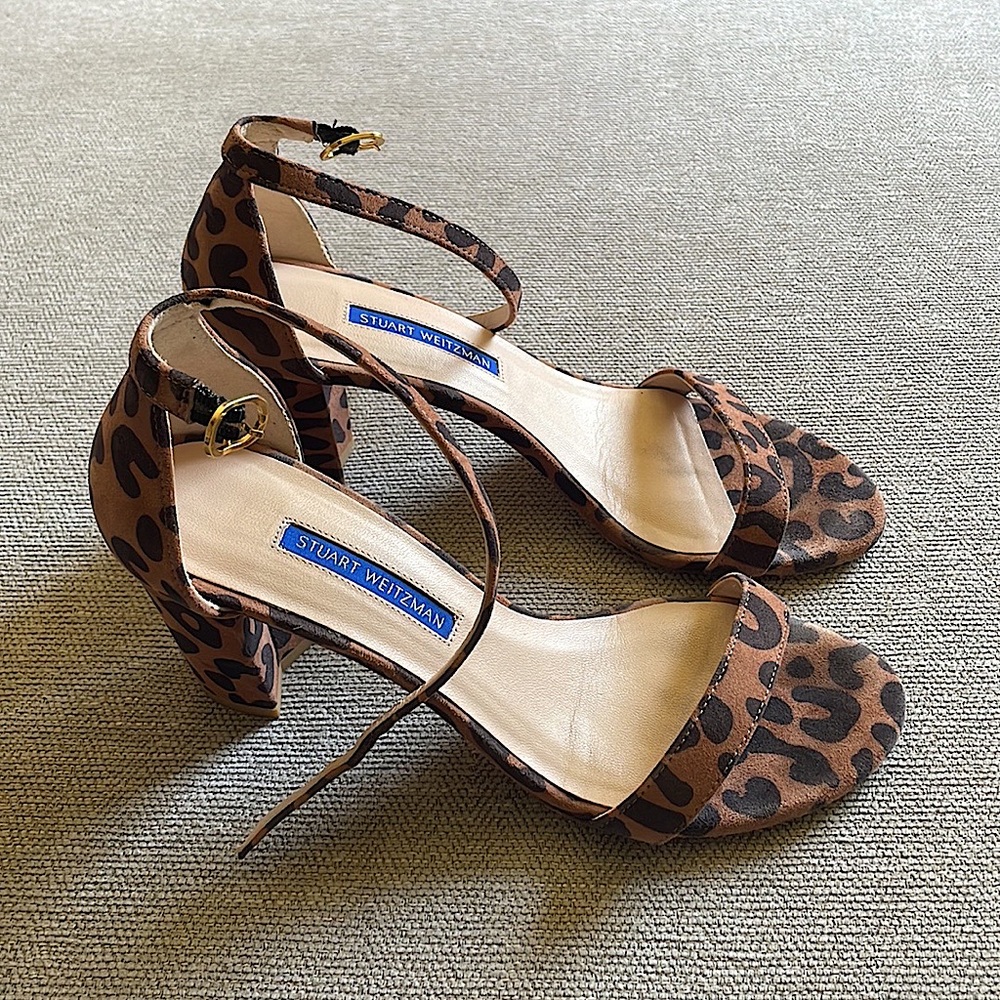 Stuart Weitzman Leopard Strap Block Heels Sandals